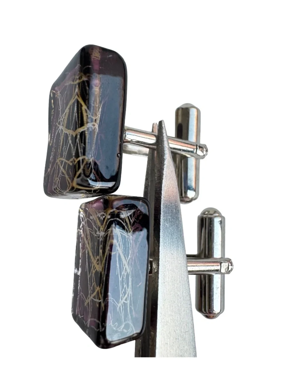 Vintage Purple Art Glass Cufflinks Gold Silver Foil Chunky Square Modernist Gift